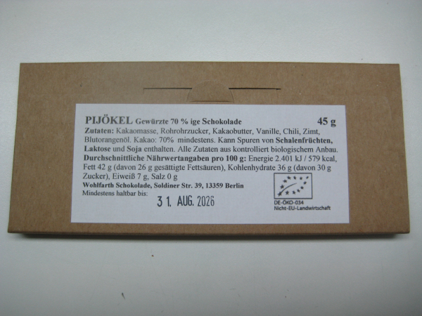 Pijökel Schokolade, Bio